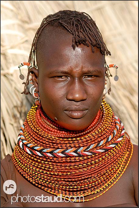 Turkana girl with traditional tribal bead ornaments, Northern Kenya