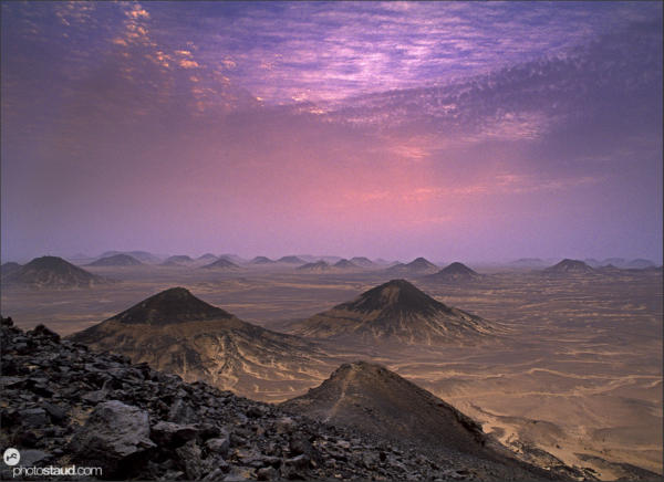 Dusk in the volcanic landscape of the Black Desert, Egypt