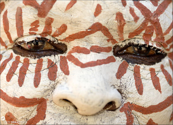 Eyes of Kikuyu tribeswoman with traditionally painted face, Kenya